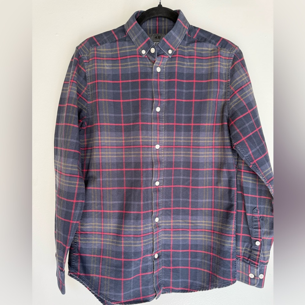 H&M Navy and Red Plaid Casual Shirt